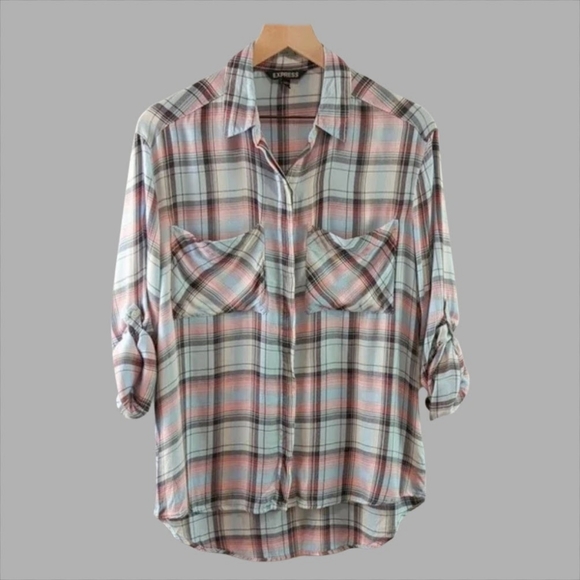Express Tops - Express Pink Blue Gray Plaid Collar Button Down Long Sleeve Shirt Sz Small